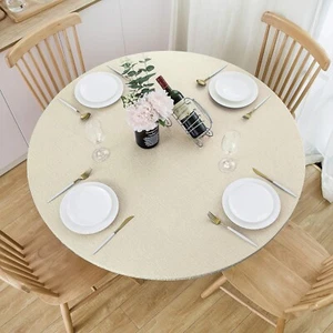 round Fitted Vinyl Tablecloth with Elastic Edge 100% Waterproof Oil Proof PVC Ta - Picture 1 of 14
