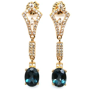 925 Sterling Silver 6 x 8 mm. London Blue Topaz & White Zircon Earrings - Picture 1 of 4