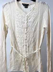 Seide Pointelle Strickjacke S Karen Kane Knopf Neu mit Etikett Earth Angel cremefarbenes Band zum Binden - Bild 1 von 14
