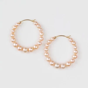 4-6mm Orange Pink FW Pearl Earrings 14K Yellow Gold Filled Hoop,Handmade - Picture 1 of 6