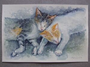 CAT CATS Animals Original Watercolor Acrylic Painting Ukraine Artist  