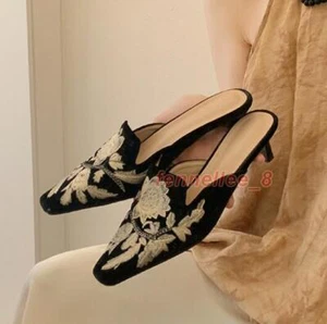Women Pointed Toe Faux Suede Floral Embroidery Kitten Heels Mule Shoes Slippers - Picture 1 of 27