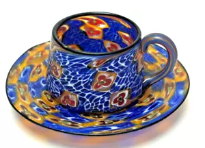 Vintage Italian Venetian Blown Glass Millefiori Demitasse Cup & Saucer Blue Gold - Picture 1 of 7