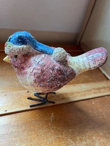 Sparkly Red & White Cute Resin Bird w Wire Legs & Blue Santa Claus w Holly Hat - Picture 1 of 13