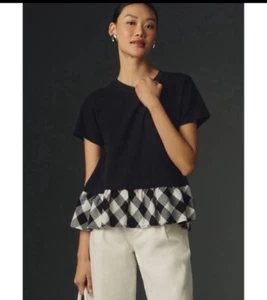 NWT ANTHROPOLOGIE MAEVE GINGHAM PEPLUM T-SHIRT TEE BLOUSE TOP BLACK S - Picture 1 of 2
