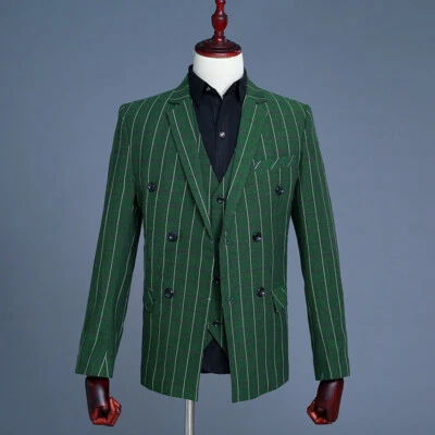 Para Hombres 3 Piezas Traje Rayas Doble Pecho Chaquetas Chaleco Pantalones Vestido de Cena Verde Foto 1 de 4