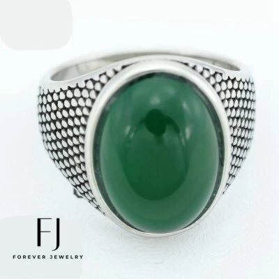 Anel masculino de aço inoxidável, pedra de jade verde sólido tamanho 8-13 caixa de polimento alto - Imagem 1 de 3
