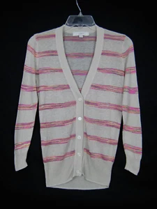 Ann Taylor LOFT Womens XS Beige Pink Purple Cardigan Sweater Stripe Long Sleeve - Picture 1 of 7