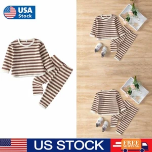 Newborn Toddler Kids Baby Boy Girl T-shirt Tops+Pants Stripe Clothes Outfits Set - Picture 1 of 14