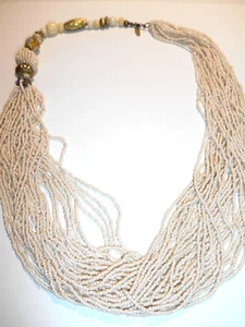 VTG AVENUE Multi Strand Beige Glass Micro Bead Bone Stone & Metal Necklace 28" - Picture 1 of 8