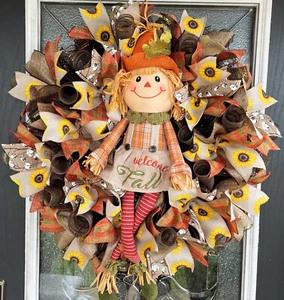 Fall Scarecrow Girl Sunflower Farmhouse Deco Mesh Front Door Wreath Decoration - Picture 1 of 6
