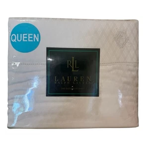 NWT Lauren Ralph Lauren Cream Flat Sheet Wiltshire Argyle Monogram Queen - Picture 1 of 5