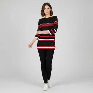 ST JOHN Yellow Label Striped Top 3/4 Sleeves Black Multi Large Tunic 12 14 RARE - Picture 1 of 9