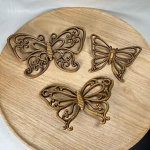 Vintage Schmetterling Wandbehang Deko 3er Set Homco Holzimitat Boho MCM - Bild 1 von 8