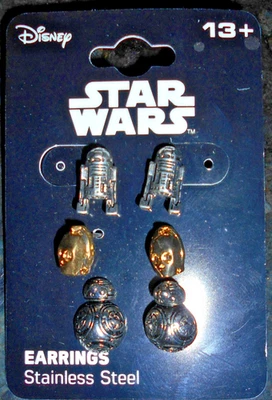3 серьги/гвоздики из нержавеющей стали Star Wars Disney Lucus Films-R2-D2, C-3PO, BB-8 - Изображение 1 из 4