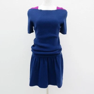 CHANEL платье размер 36 синий фиолетовый Coco Mark кашемир смесь ребристый короткий рукав - Изображение 1 из 4