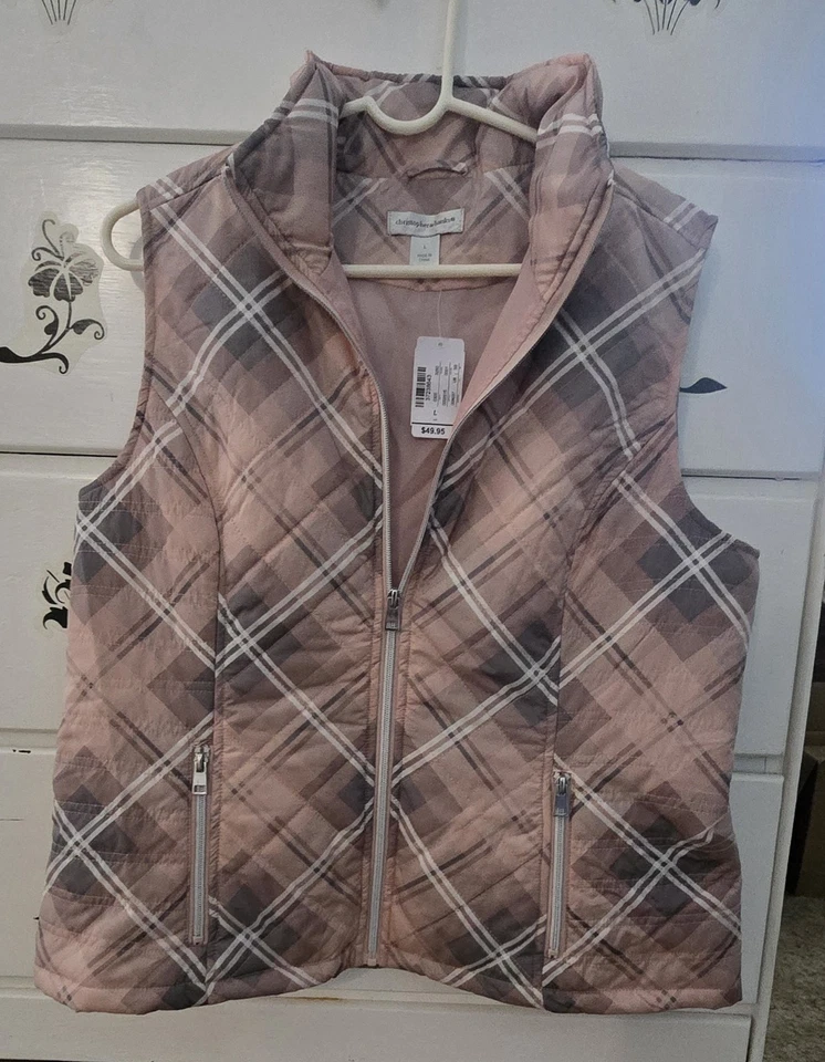 Christopher & Banks Nuevo Con Etiquetas Chaleco Acolchado Puffer Rosa Gris A Cuadros Cremallera Completa L Foto 1 de 3