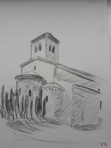 A4 Charcoal Original Drawing On Watercolour Paper French South Of France Church - Picture 1 of 3