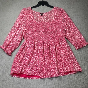 Torrid Top Women's 3 3X Pink Floral Smocked Peasant Babydoll Boho Festival Lined - Picture 1 of 11