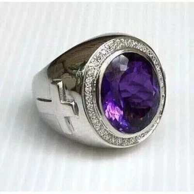 5 Ct Oval Cut Simulated Amethyst 14K White Gold Plated Men's Cross Bishop Ring - Image 1 of 4
