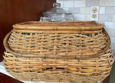 Large Picnic Basket Vintage Woven Rattan Wicker with 2 Bamboo Handles + Gingham Cover