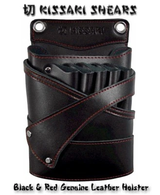 Tijeras para el cabello de cuero genuino con puntada negra/roja Kissaki funda herramientas para el cabello bolsa Foto 1 de 4