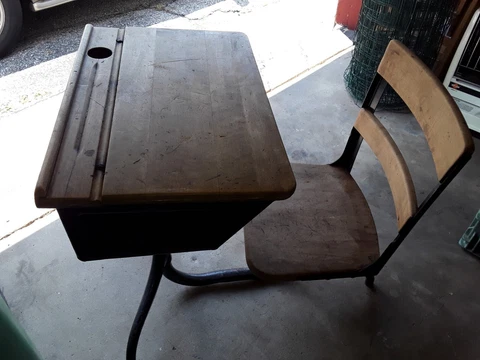Vintage Kids Wooden & Metal School Desk W/ Attached  Chair Cover