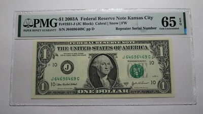 $1 2003A Repeater Serial Number Federal Reserve Currency Bank Note Bill UNC66EPQ - Image 1 of 3