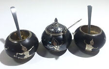 Asian Thai Sterling Silver Niello Figurative Salt Cellars & Mustard Pot C. 1930s
