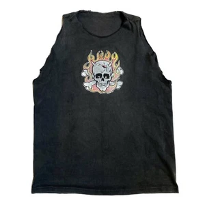 Vintage 90s Flaming Skull Harley Davidson Tee Thrashed Faded Black Cut Off Sleeves - Bild 1 von 10