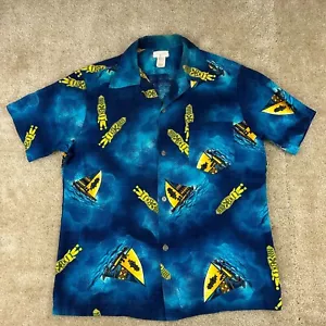 Royal Hawaiian barkcloth mens Tiki Shirt L blue hawaiian shirt Vintage sailboat - Picture 1 of 16