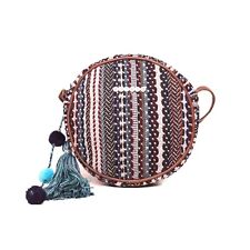 ECO FRIENDLY COTTON MATERIAL ROUND SLING BAG WITH POMPOMS GIFT FOR WOMEN / GIRLS