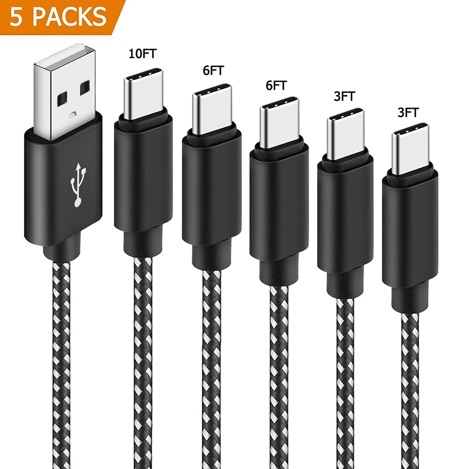 5-Pack USB-C Type-C to USB A charger, nylon braided fast charging for Samsung  - Image 1 of 4
