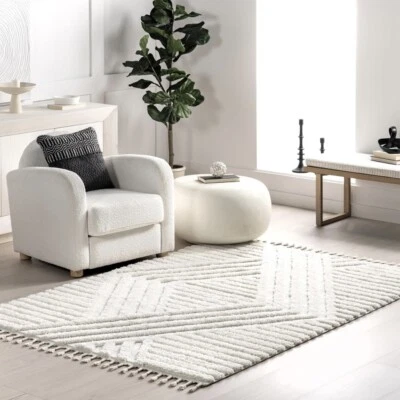 NEW West Elm White Cream Boho Tassel Geometric Shag Area Rug Carpet - 4' x 6' - Image 1 of 4