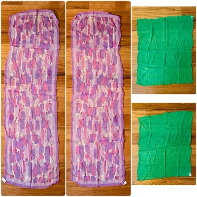 2 Vintage Vera Verasheer Silk Scarfs Pink Purple Green Rectangle Hand Rolled - Image 1 of 4