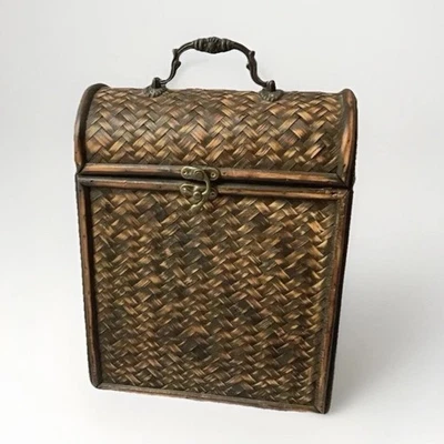 Cartera portabotellas doble de mimbre con tapa con bisagras mango superior de metal borde de bambú 10,5" Foto 1 de 4