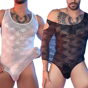 Men's Underwear Jumpsuits Floral Lace Mesh See-through Bodysuits Elastic Rompers - Picture 1 of 31