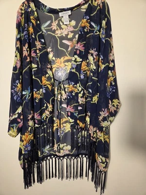 Carmen XL Marc Valvo Kimono Atado Topper Negro Floral Colibrí Flecos Boho Foto 1 de 4