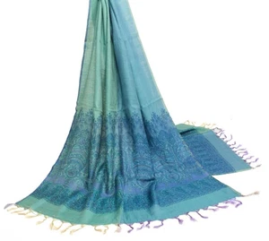 Estola Larga Sushila Vintage Verde y Azul Dupatta 100% Lana Pura Suave Estampada - Imagen 1 de 9
