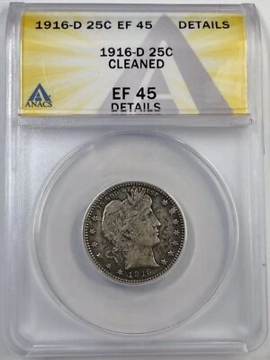 Cuarto de barbero 1916-D 25C ANACS EF45 detalles # Foto 1 de 4
