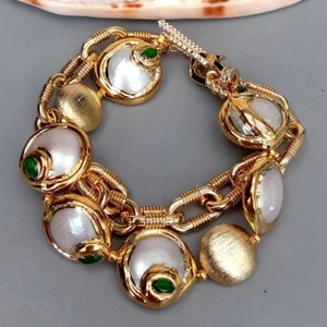 16" White Coin Pearl With Electroplated Edge Cubic Zirconia Pave Gold Necklace - Picture 1 of 6