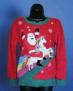 Christmas Sweater Ladies L (10-12) Holiday Time Santa Unicorn Cat Rainbow EUC - Picture 1 of 10