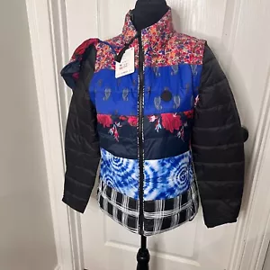 Desigual Womens Jacket M Blue Padded Patch Print Long Sleeve Full Zip Coat NWT - Picture 1 of 16