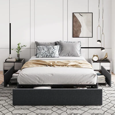 Sifurni Platform Bed Frame with 3 Storage Drawers, Fabric Upholstered, Dark Grey