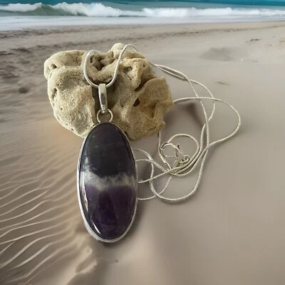 Colar pingente de ametista com faixas grandes - Banhado a prata esterlina 925 - Novo em folha - Imagem 1 de 3