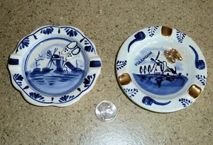 Vintage Hand Painted Glazed BLUE DELFT ASH TRAYS Pottery Holland Lot of 2 - Picture 1 of 3