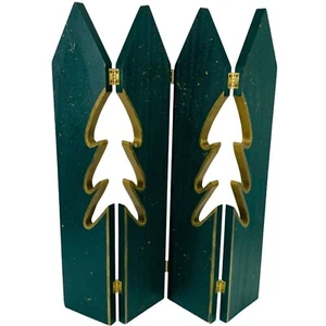 Christmas Wooden Tree Folding Hinged Farmhouse 17" Green Gold Mantel Fireplace - Picture 1 of 10