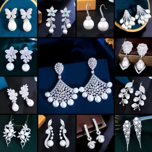 Moda Mujeres Flor Hoja Perla Boda Pendiente Gota Plateado Circonita Circonita Joyería - Imagen 1 de 358