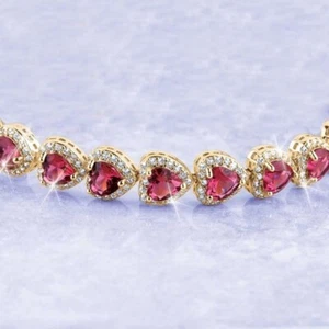 18K Gold Over Sterling Silver 7" Pink Fuchsia Garnet Heart Bracelet D378 - Picture 1 of 6