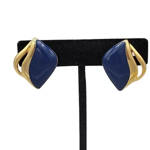 Blau emaillierte goldfarbene Ohrclips Dreiecksform Vintage - Bild 1 von 5